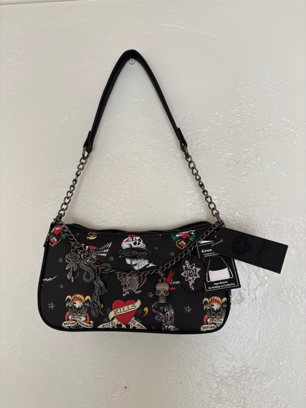 New Ed Hardy Black Tattoo-Print Chain Shoulder Bag